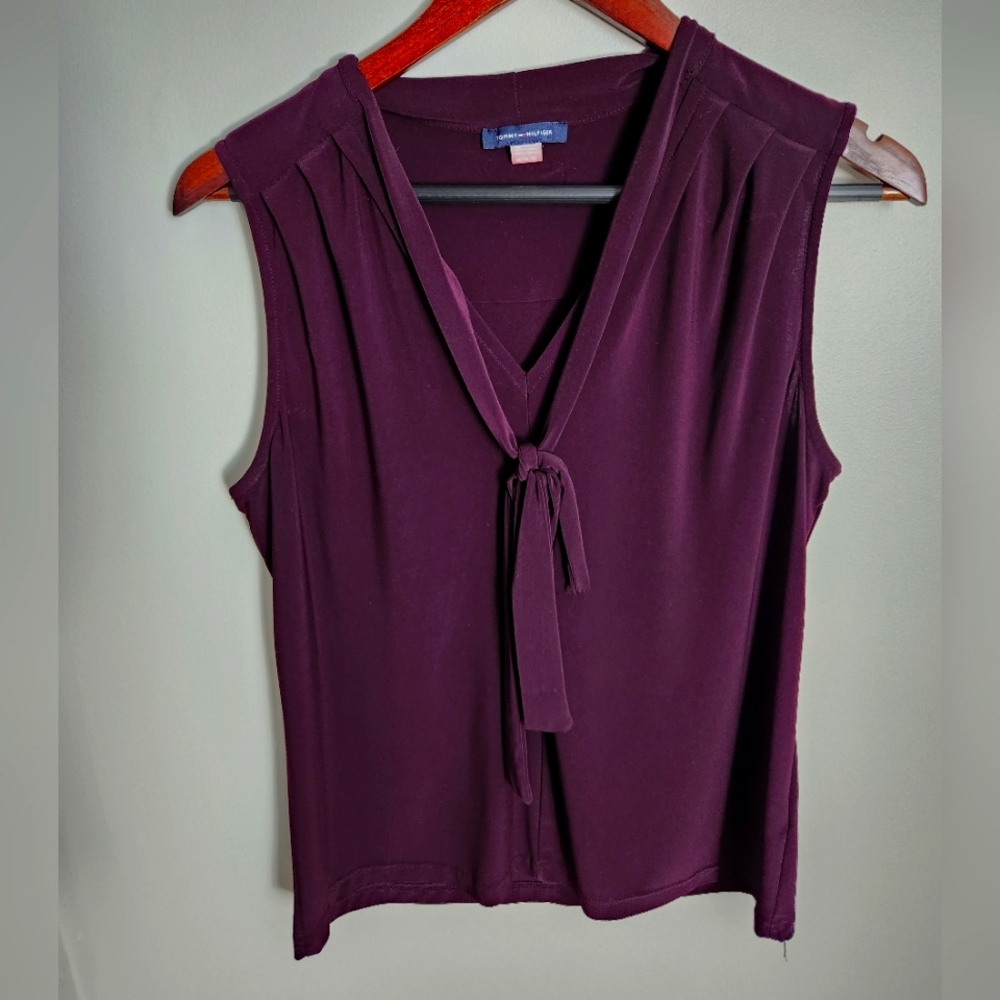 Tommy Hilfiger Blouse Bow Tie Neck Top Sleeveless purple Woman’s Size M - Picture 2 of 6